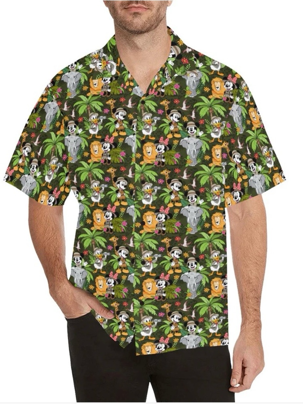 Green Tropical Animal Print Short-Sleeve Button-Down Shirt